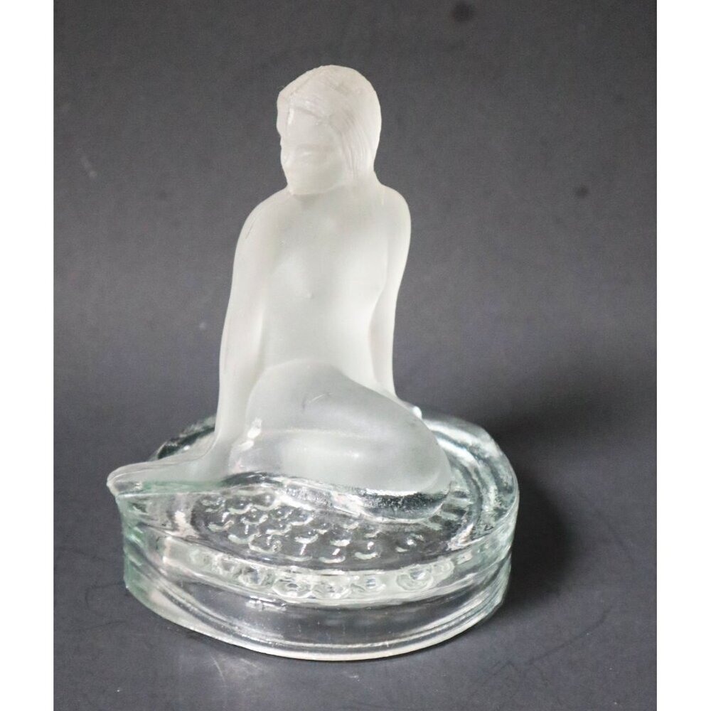Frosted Art Glass Mermaid Figurine On Textured Base Art Deco Style